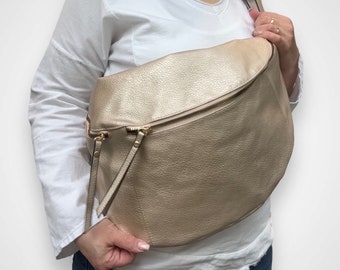 MONA, XXL Crossbody Bag, Bauchtasche mit goldenem Reißverschluss, Crossbag, Crossbody Tasche, Umhängetasche, Slingbag, xxl Tasche, Gold