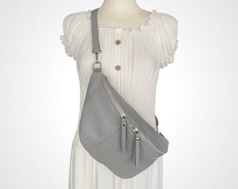 XL Crossbody Bag Grey, Genuine Leather Shoulder Bag, Crossbody Bag, Hip Bag, Half Moon Bag, Large Fanny Pack, Christmas Gift