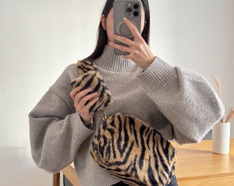 Plush fur bag & wallet gift set, crossbody bag, crossbag, teddy fur shoulder bag, wallet, zebra pattern, striped, Christmas