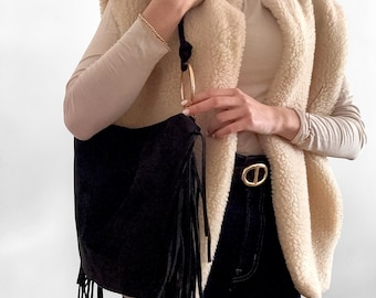 Suede bag, handbag with fringe, sustainable vegan leather, suede look, shoulder bag for women, black, gold rings