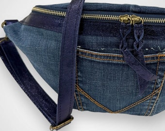 sac en jeans Levis vintage, sac à bandoulière, sac à bandoulière en jeans, cuir véritable métallisé, upcycling, sac banane durable, sac en cuir, unique 8