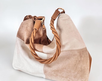 Vegan suede shoulder bag, shopper, faux suede bag, hobo bag, tote bag, slouchy bag, braided handles - BEIGE DREAM