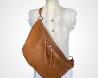 XXL Crossbody Bag Leather, Cognac Brown, leather belly bag, sling bag, crossbag, crossbody bag, half moon bag, belly bag xxl leather