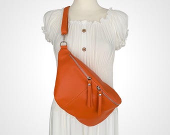 XL Crossbody Bag Orange, genuine leather shoulder bag, crossbody bag, hip bag, half moon bag, large fanny pack, Christmas gift