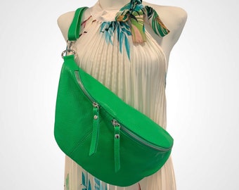 XL crossbody bag leather with 2 compartments, women's shoulder bag, crossbody bag, hip bag, belt bag, bum bag light green, crossbody bag green