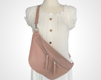 XL Crossbody Bag Pink, Genuine Leather Shoulder Bag, Crossbody Bag, Hip Bag, Half Moon Bag, Large Fanny Pack, Christmas Gift