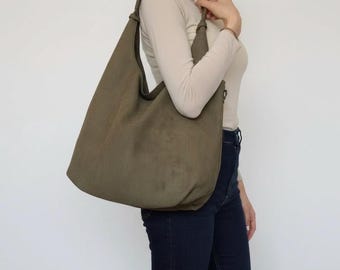 Vegan suede shoulder bag, suede bag, shopper, faux suede bag, hobo bag, tote bag, slouchy bag - olive green khaki green