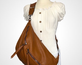 LUNA, XXL Crossbody Bag, crossbag, Tasche cognac braun, Bauchtasche vegan, half moon bag, crossbody bag mit Wechselgurt, crossbody tasche