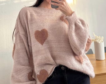 Super soft mohair sweater, beige-brown knit sweater with hearts - oversized fit - fuzzy and fluffy mohair wool