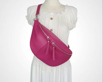 XL Crossbody Bag Pink Fuchsia, genuine leather shoulder bag, crossbody bag, hip bag, half moon bag, large fanny pack, Christmas gift
