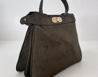 Vegan suede handbag, suede bag, shopper, imitation suede bag, with gold buckle, 3 compartments, olive green khaki green