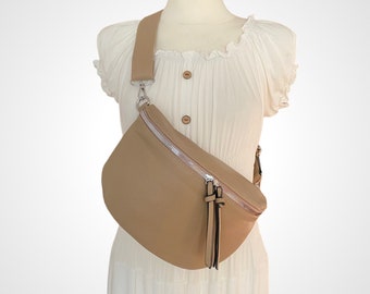 Crossbody Bag EVA, beige, vegan leather, crossbag, large sling bag, belt bag, half moon bag, sling bag, halfmoon bag