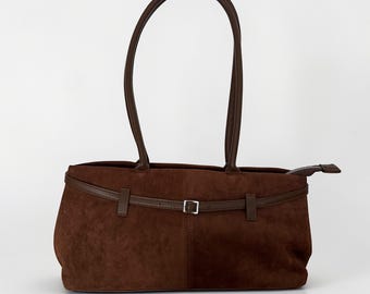 Vegan suede shoulder bag, suede bag, shopper, faux suede bag, hobo bag, tote bag, baguette bag, dark brown