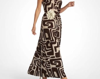 Patterned jumpsuit, dark brown, wide leg, flared trousers, chocolate, patterned one-piece, linen look, sleeveless, palazzo jumpsuit, romper