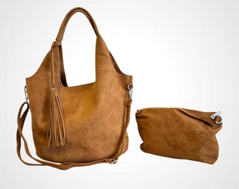 Bolsa feminina 2 em 1 em camurça vegana, modelo shopper, com bolso interno, estilo hobo, ideal para o dia a dia, escritório e viagens.