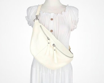 XL Crossbody Bag in Cream Leather with 2 Compartments, Silver Zipper, Shoulder Bag, Hip Bag, Belt Bag with Leather Strap