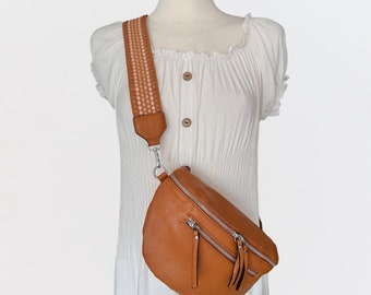 VERA, Crossbody Bag, Crossbag braun, Umhängetasche Damen, Bauchtasche, Cross Body bag, Crossbody-taschen,breiter Taschengurt, Cognac Braun