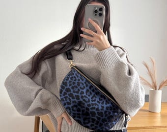 Leather Crossbody Bag, Genuine Leather Shoulder Bag Leopard Print, Crossbody Bag, Metallic Fanny Pack, Belt Bag, Leopard Print Crossbody Bag, Crossbody Bag, Leopard Print