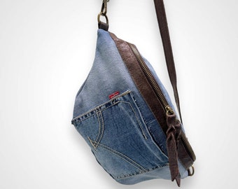 sac en jeans Levis vintage, sac à bandoulière, sac à bandoulière en jeans, marron en cuir véritable, upcycling, sac banane durable, sac en cuir, unique 4