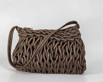 Handmade macrame bag, shoulder bag, crochet bag, bohemian shoulder bag, crossbody bag, dark beige with gold threads, metallic