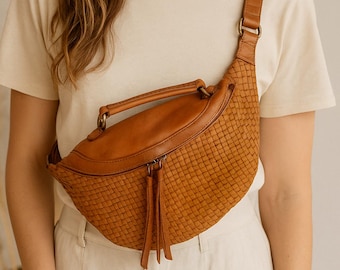 Bolsa de ombro feminina em couro, pochete trançada em couro de bezerro italiano, bolsa transversal.