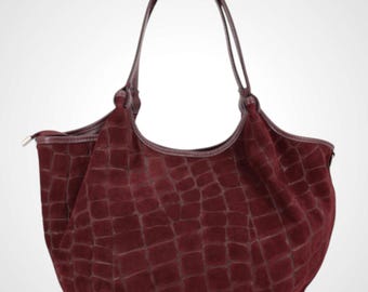 Bolsa feminina de camurça com textura de crocodilo – bolsa de ombro em couro legítimo, modelo hobo com zíper, bolsa espaçosa de 30 × 25 cm
