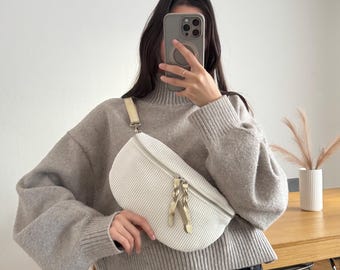 Crossbody Bag Cord, Cord bag, corduroy bag, corduroy bag, corduroy fanny pack, Leather crossbody bag, fanny packs, shoulder bag cream, belt bag, gold metallic