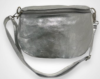 Leather Crossbody Bag, Crossbag Silver, Leather Bag Women, Women's Shoulder Bag, Belt Bag, Belly Bag Leather, Cross Body Bag Metallic, Large