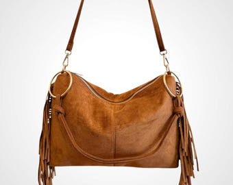Bolsa feminina vegana de camurça, com franjas, estilo boho, transversal, ideal para festivais e como presente para o dia a dia.