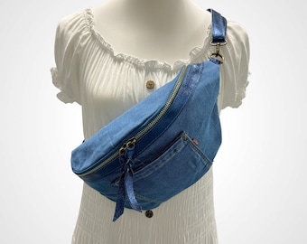 sac en jeans Levis vintage, sac à bandoulière, sac à bandoulière en jeans, cuir véritable métallisé, upcycling, sac banane durable, sac en cuir, unique 5