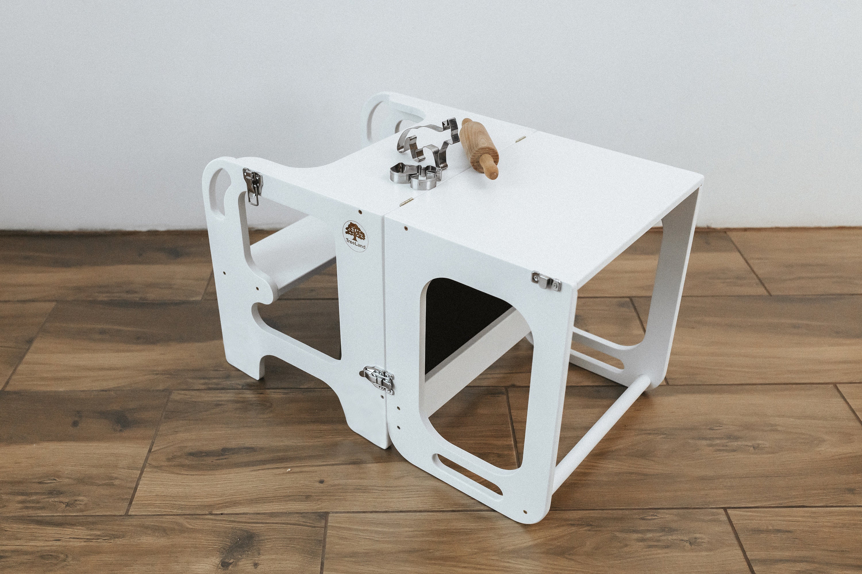 Guidecraft Classic Kitchen Helper Kids' Step Stool - White: Folding, Adjustable Kids Non-Slip Learning Toddler Tower With Safe Keepers