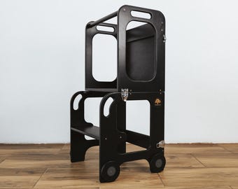 Montessori helper tower - Table and Chair All-In-One with chalkboard, Kitchen step stool, Foldable learning stool, Montessori furniture