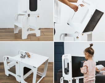 Montessori helper tower - Table & Chair All-In-One, Tower with chalkboard, Kitchen step stool, Foldable helper tower