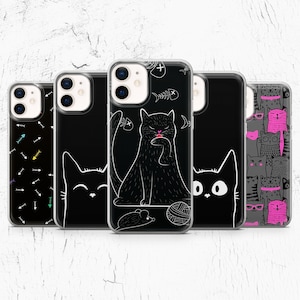 黒猫の携帯ケース かわいいペットカバー iPhone 16、15、14、13、12 Pro、11、XR、XS、8、7 Samsung S22、S21、A24、A34、A40、Huawei P30、Pixel 9用