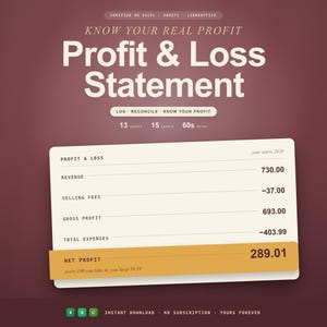 Può includere: Un modello digitale di conto economico su sfondo rosso scuro. Il documento presenta sezioni per ricavi, commissioni di vendita, utile lordo, spese totali e utile netto. Include etichette di testo come 13 sheets, 15 charts e 60s setup.