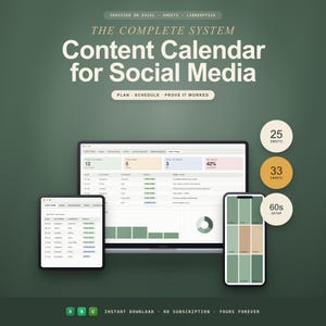 Può includere: Un sistema di calendario dei contenuti digitali per i social media visualizzato su un monitor di computer, tablet e smartphone. L'interfaccia mostra tabelle di dati, grafici e metriche. Il testo include "Content Calendar for Social Media".