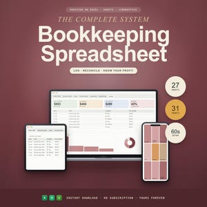 Può includere: Un sistema di fogli di calcolo contabili digitali visualizzato su un laptop, un tablet e uno smartphone. L'interfaccia presenta dati finanziari, grafici e tabelle. Il testo include THE COMPLETE SYSTEM Bookkeeping Spreadsheet, 27 SHEETS, 31 CHARTS.