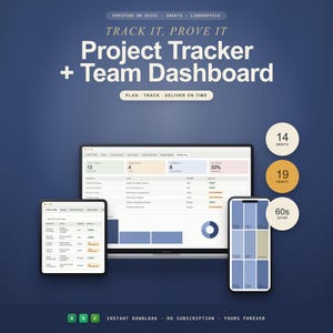 Può includere: Un modello digitale di tracciamento progetti e dashboard del team visualizzato su laptop, tablet e smartphone. L'interfaccia presenta tabelle dati, grafici e metriche di avanzamento. Testo: "Track It, Prove It", "Project Tracker + Team Dashboard", "14 Sheets", "19 Charts", "60s Setup".