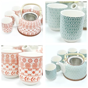 May include: A tea set comprising a teapot with a woven handle and a stainless steel infuser, alongside matching cups. The teapot and cups display a red and white floral design, and a green and white geometric pattern.