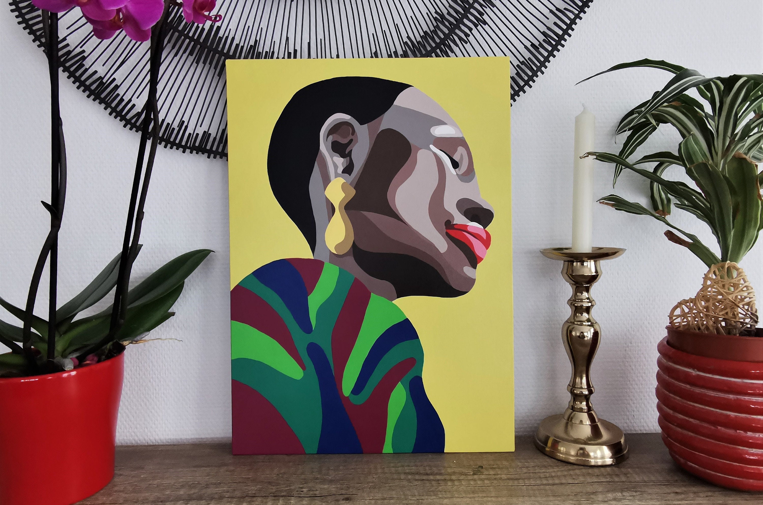 Peinture sur Toile Cartonnée, Tableau Portrait Femme Noire Bijoux Jaune, Art Figuratif