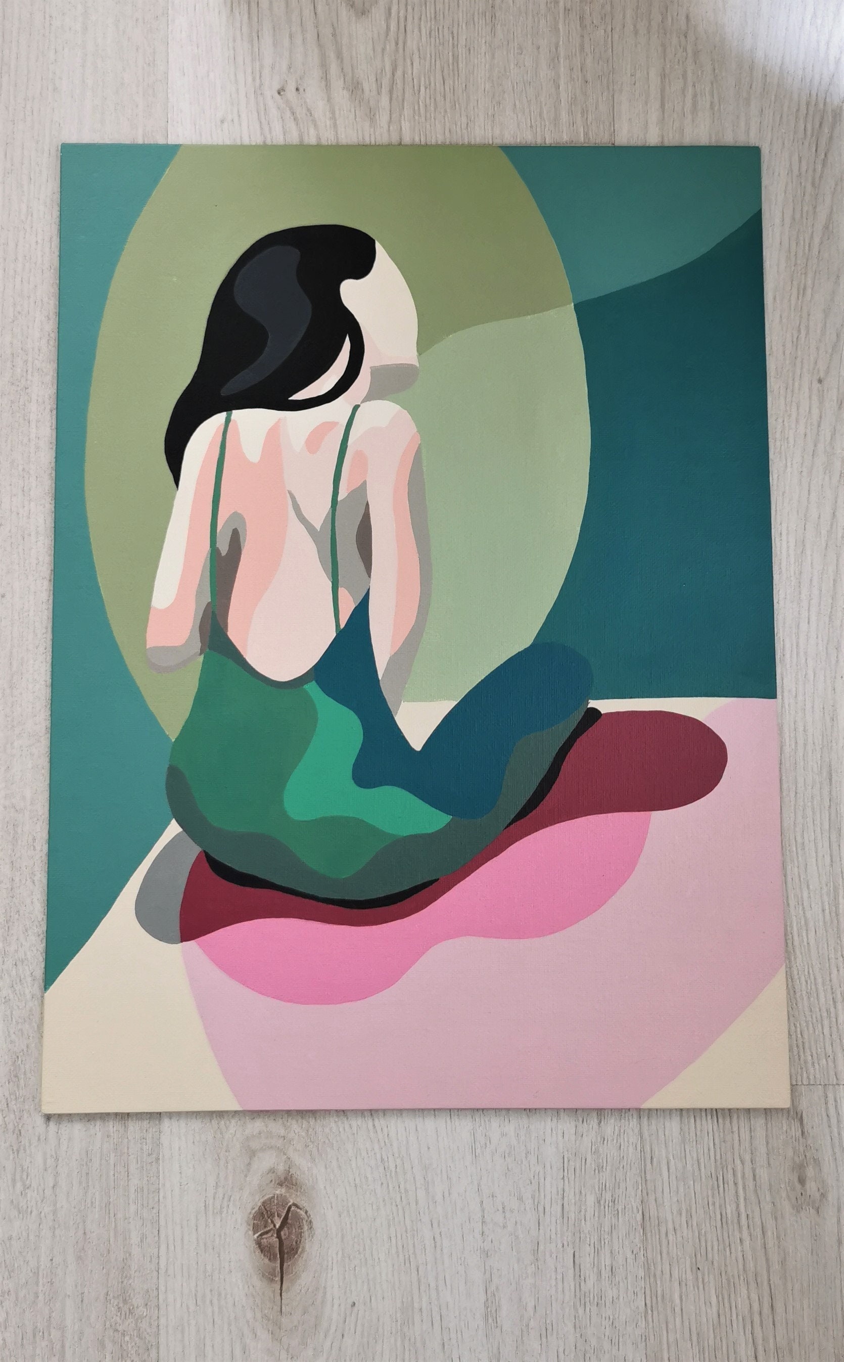 Peinture sur Toile Cartonnée, Tableau Femme Assise de Dos, Art Figuratif