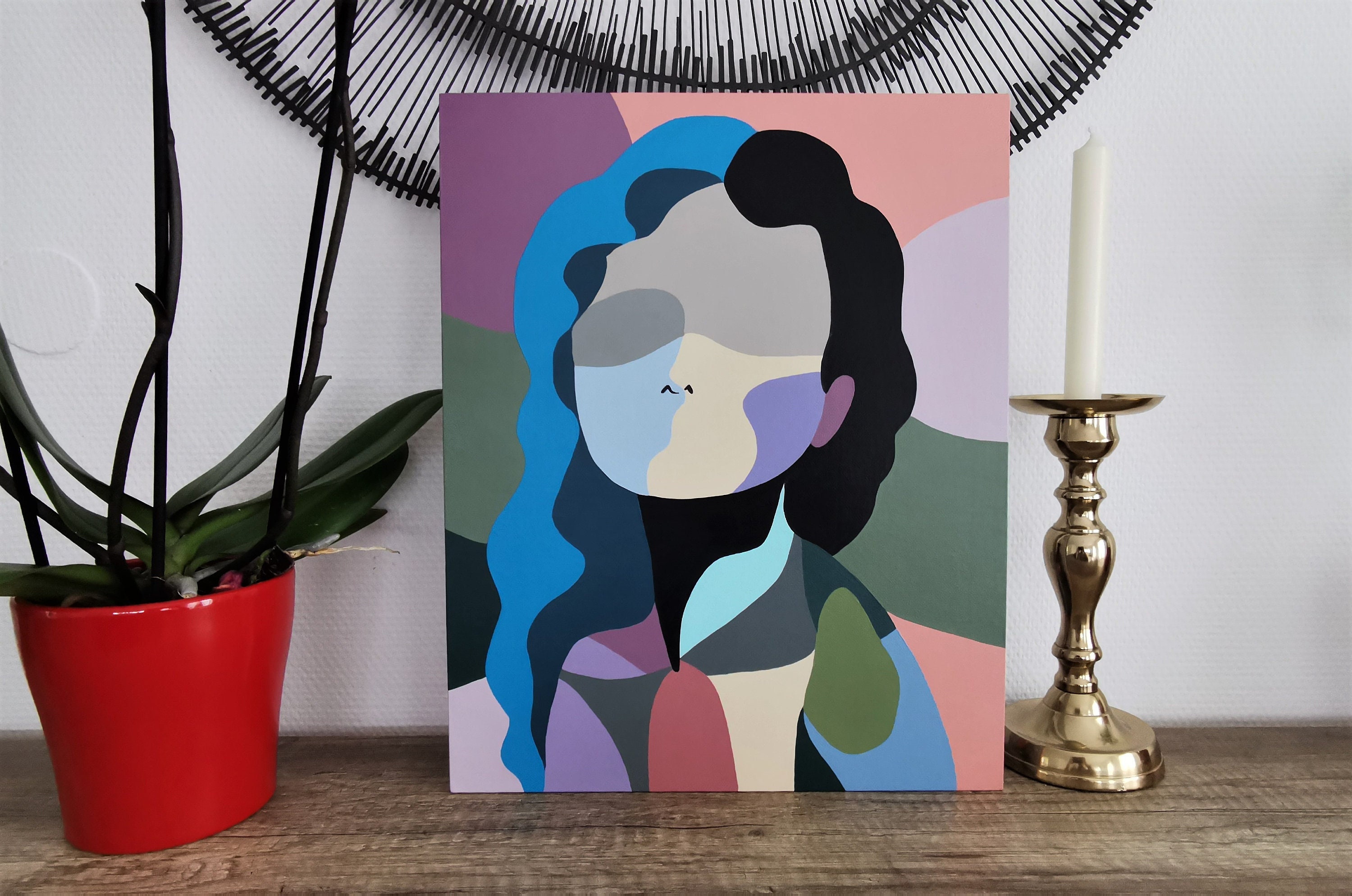 Peinture sur Toile Cartonnée, Tableau Portrait Femme Coloré Art Figuratif