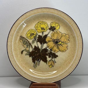 Può includere: Piatto rotondo in ceramica con un motivo floreale. Il piatto presenta uno sfondo beige maculato, un bordo marrone e un motivo floreale giallo e marrone al centro. I fiori sono gialli con foglie marroni.