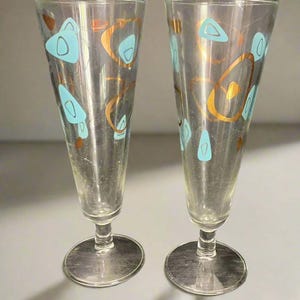 1950s Turquoise Gold Federal Atomic Amoeba Boomerang Stemware Glasses