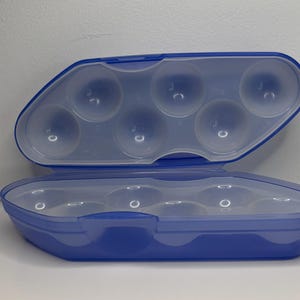 Peut inclure: Un porte-œufs en plastique bleu, ouvert pour révéler six compartiments en forme d'œuf. Le porte-œufs a un couvercle à charnière et est conçu pour protéger les œufs pendant le transport. Le plastique est translucide.