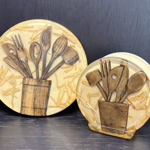 Lucite Wood Kitchen Utensil Theme Pot Stand and Napkin Holder