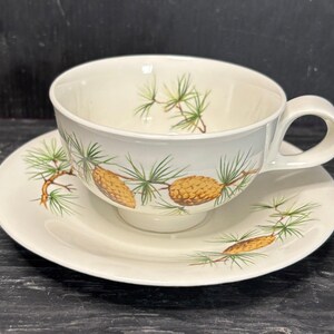 May include: A white teacup and saucer with a pine cone and pine needle design. The cup has a handle and the saucer is round.