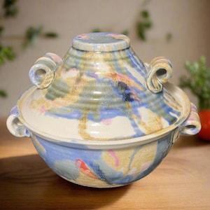 Può includere: Una zuppiera in ceramica con coperchio e design dipinto a mano. Il piatto presenta una tavolozza di colori azzurro, crema e beige con accenti rosa e rossi. Il coperchio ha una forma conica e il piatto ha due manici ad anello.