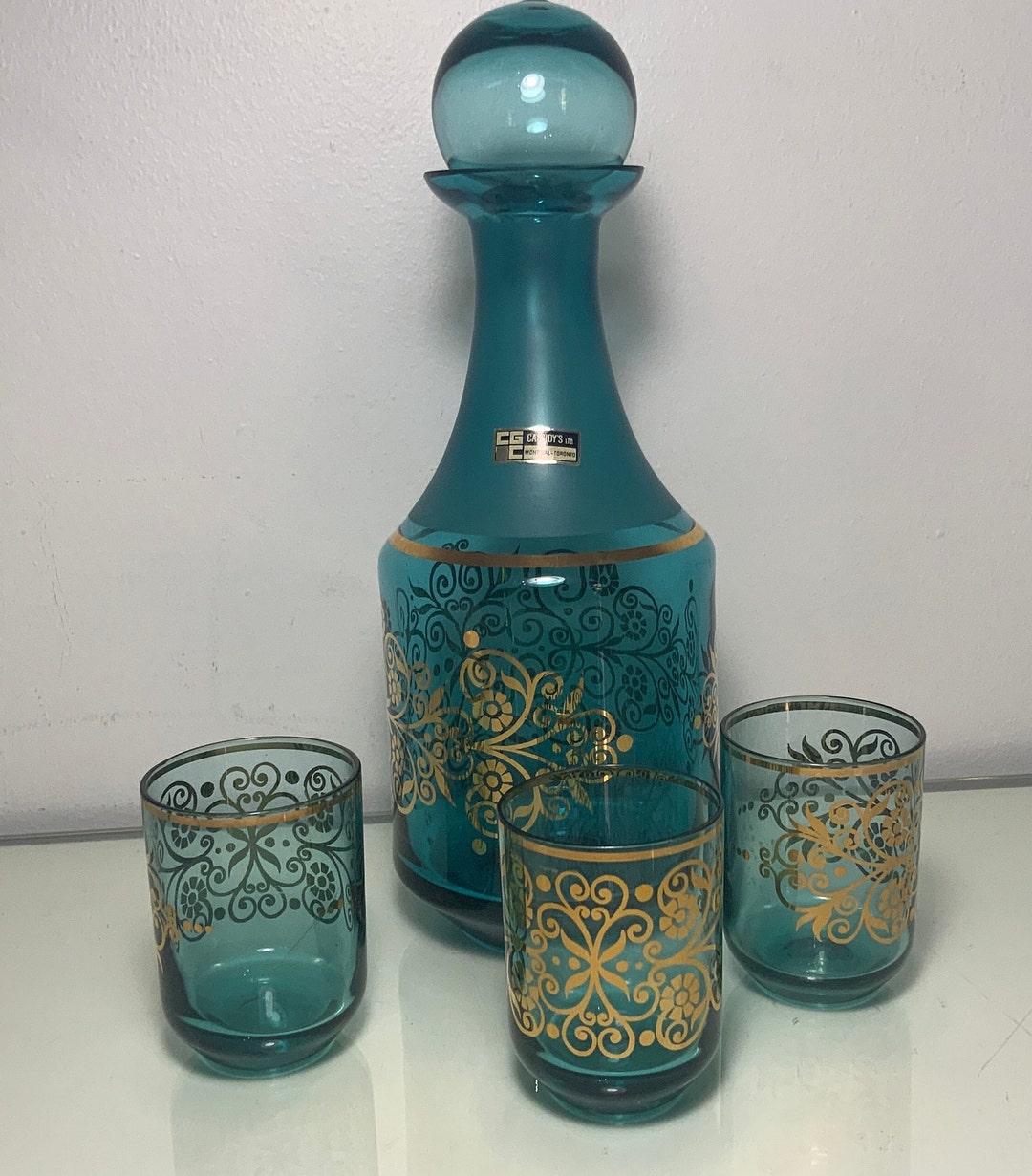 Vintage Cassidys Gold Leaf Decanter and Shot Glasses Etsy