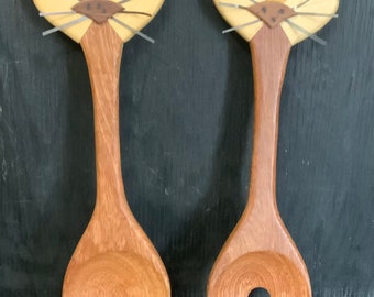 Vintage Hand Carved Wooden Cat Salad Fork and Spoon